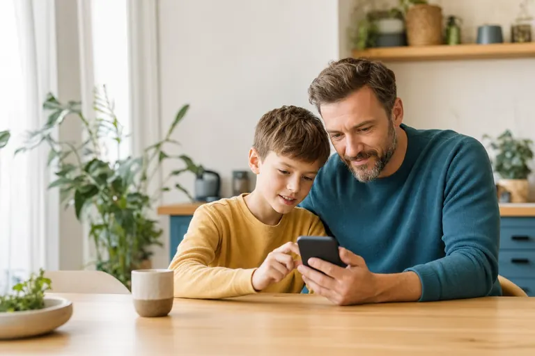 Rodič s dítětem společně nastavují bezpečnost telefonu