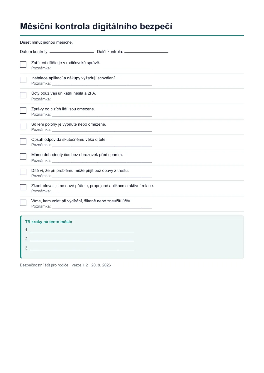 Ukázka měsíčního checklistu digitálního bezpečí